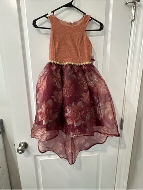 Bonnie Jean Rose Gold Bodice Burgundy Floral High-Low Party Dress